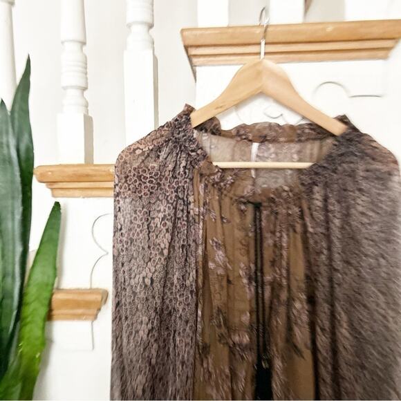 NWT Free People Hendrix Brown Black Sheer Boho Tassel Peasant Top Blouse Size S - Picture 4 of 8